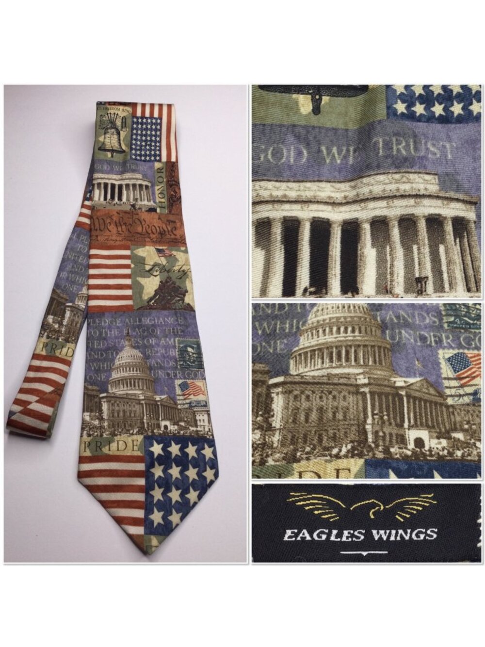 Vintage Eagles Wings Patriotic Tie Silk American Flag Capitol Building Design